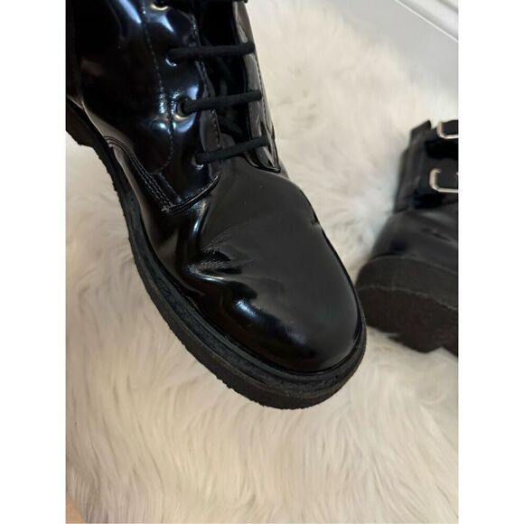 BALMAIN H&M MEN\'S Black Patent Leather Combat Boots Sneakers  7.5/40